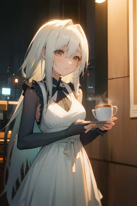 At the café at night, there is a girl with white hair in a dress