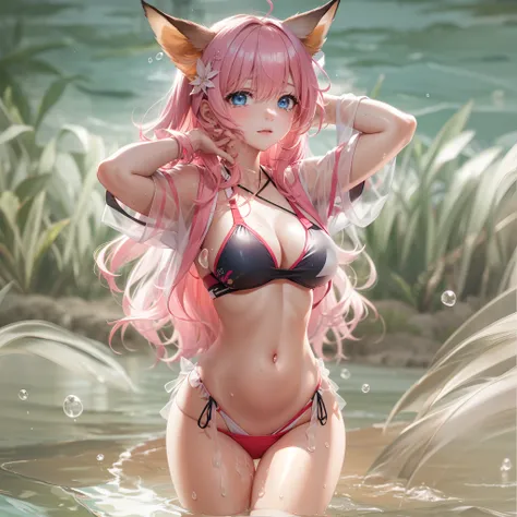 full body shot shot，swim wears，red fox，Loli woman（Good body），foxears，A pink-haired，adolable，eBlue eyes（Extremely beautiful），vred，Crying expression，swim wears（Transparent bikini），（pantyless），Sweat all over the body，Squat，missionaris position，（Leakage of fem...