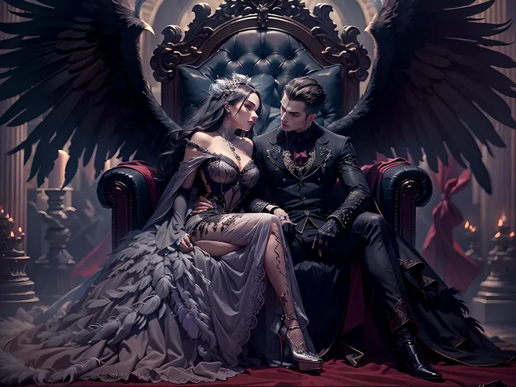 Extremely detailed faces, 8k, gothic couple sitting on a throne , handsome fit male vampire with giant black angel wings, woman sitting on his lap wearing intricate dress very detailed with feathers,gothic romance, passionate kiss