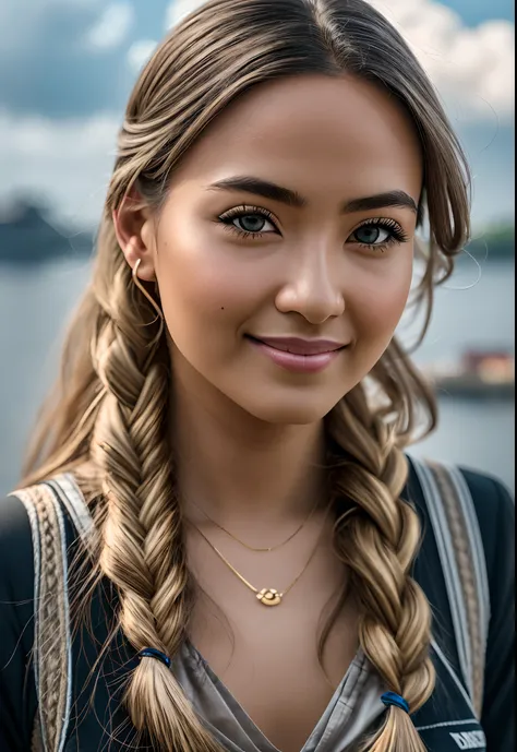 RAW photo, 8k UHD, highly detailed skin, German woman, 27 years old, green eyes, rule of thirds, master part, photography, Ultra realism, Realistic, outdoors, Golden Hour, full body, smiling, long braided hair , rock style, DOF, (Hamburg:1.1), harbour, sky...