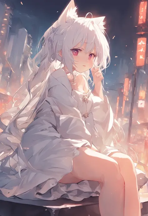 Anime girl sitting on bench，There are cat ears on the head, white dresses!! silber hair, cute anime waifu in a nice dress, Lori was undressed, white-haired god, gray-haired girl, Perfect girl with white hair, Güvez on Pisif Art Station, whaite hair, Flowin...