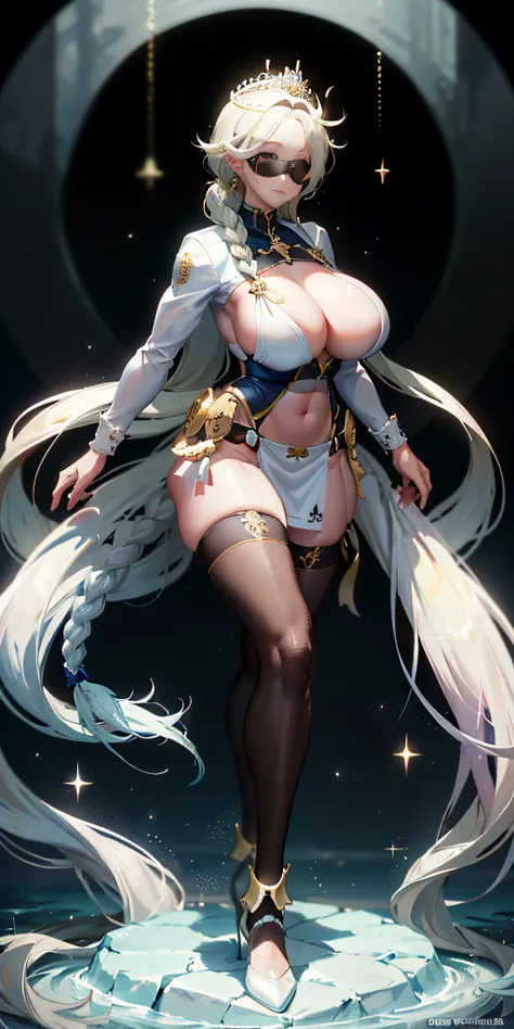 (masterpiece, hiquality: 1.1) 1girl full body standing good face, nice ass, hairstyle: braid, Color Hair: White long hair, Blindfolded: NO EYES, Skin: White (porcelain skin, sparkly skin), muscular, thights, Mature woman, Abs, looks at the viewer smiling, ...