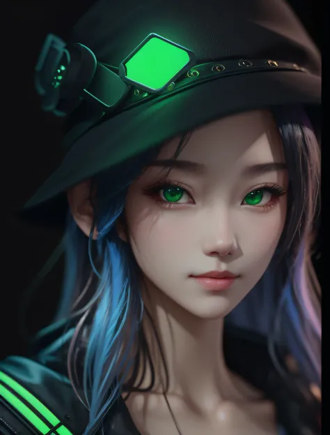 Black hat，fashionable girl，20yo，Look into the camera.，Bust Photo，Cyberpunk persona，Black background，Fluorescent green，OC Rendering，。...3D，Portrait --ar 3:4 --Niji 5 --s 2