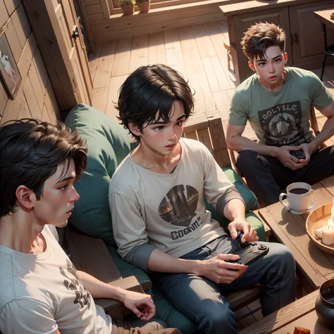 A group of boys chatting at home，Casual pose，playing game，Eat good food，Everyone laughed，Relaxing scene，Cozy cottage，cozy environment，8K，hyper HD，Ultra-realistic graphics，Boy with game console