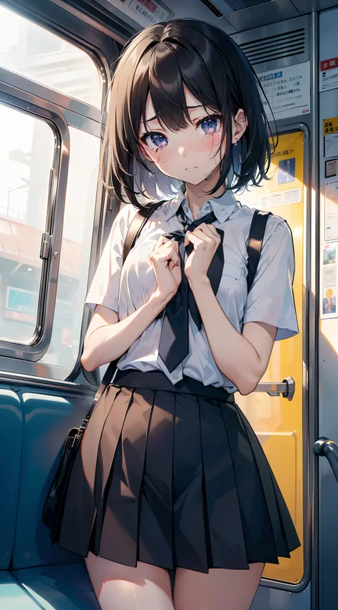 ((top-quality、​masterpiece、8K))、(SEX)、((On the train、In the vehicle、Trem lotado))、Chest rubbing、((Grabbing the skirt、Grab the skirt with both hands))、small tits、Detailed 、not any dressed、((Undressed))、small nipple、((opening legs widely))、((doggy style、all-...