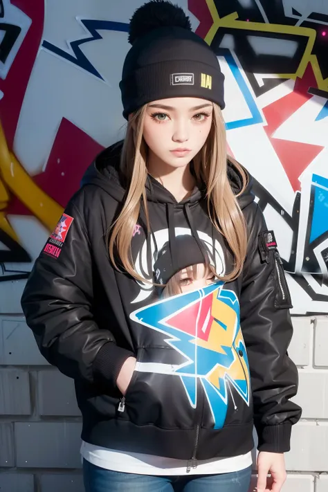 (masterpiece:1.2, best quality), ultra detailed, Ultra-precise depiction, Ultra-detailed depiction, (Art Decom background:1.3), 1lady, beanie, jacket, jaens, (graffiti spray:1.3)