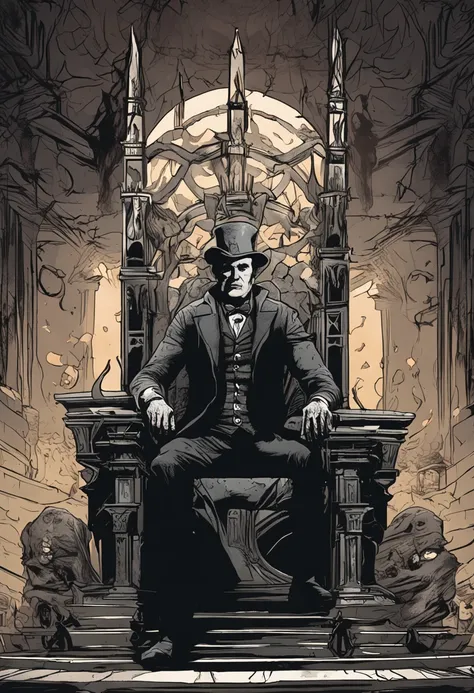 Please generate an image of an imposing man wearing a black top hat, sitting with authority on a peculiar throne that is positioned in the center of a dark crossroads. He wears a black cape that flows around him, adding a touch of mystery to his figure. In...