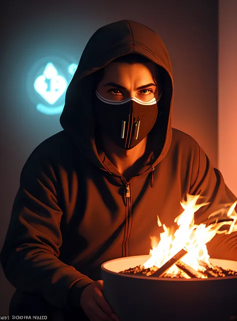 hacker face with a mask on his face dressed in black in the frenzy of the compudador and behind him a lighting of fire , fundo neon preto e cinza, Epic lighting, Photography Lighting, reflection mapping, Ultra Detalhado, fotorrealista, cinemactic, movie qu...