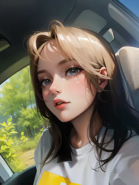 A close-up portrait of a bored girl taking a selfie during a long drive in a car.