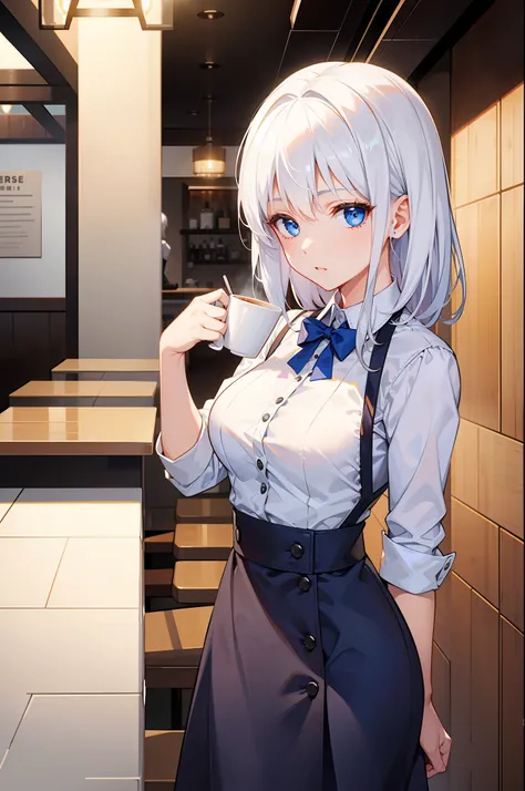 A girl,full bodyesbian，White hair,Blue eyes standing,Medium hair,Waitress，Standing in a restaurant drinking coffee，