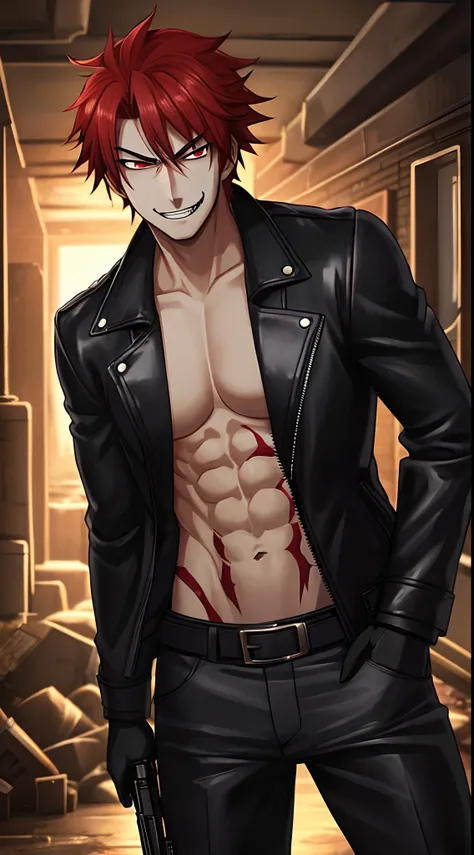 1 boy, sexy, mad, anime, shiny eyes, smirk, evil, bad boy, good quality, good anatomy, leather coat, gun, crazy, red eyes, evil smile, basement, dark illumination, red hair, villain