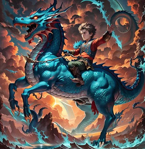 Close-up of a boy riding a blue dragon on the waves....,Red Sun, evening, Dragon Rider, epic fantasy digital art style, Dragon Ride, epic fantasy art style, digital painting greek mythology, Epic Fantasy Illustration, Rob Ray, Joe Biden rides a dragon, Dig...