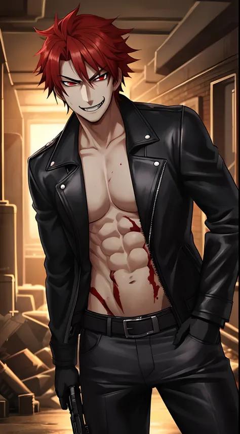 1 boy, sexy, mad, anime, shiny eyes, smirk, evil, bad boy, good quality, good anatomy, leather coat, gun, crazy, red eyes, evil smile, basement, dark illumination, red hair, villain, well drawn blood