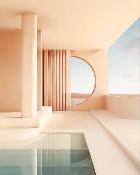 Close-up of swimming pool with round windows and sky background, inspired by Ricardo Bofill, muted flat surreal design, in a futuristic desert palace, with surreal architecture, Minimalist architecture, rounded architecture, muted colors with minimalism, b...