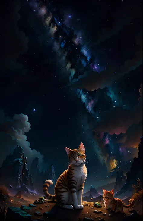 Chimera cat with different parts of animals under a starry sky in a po-apocalyptic environment, Pintura digital altamente detallada, Arte digital altamente detallado, Arte digital 4K altamente detallado, Pintura digital altamente detallada, gato. Pintura d...