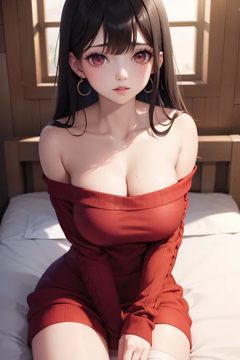 masutepiece、Yol Brier　A dark-haired、Longhaire、side locks　sharp eye、big eye、Beautiful skin、beautiful countenance、Red Eyes　off shoulders、Red knitted dress、Off-shoulder knitwear、White headband、earrings、Gold Earrings　Tall lady、独奏、clong legs　Hand masturbation、B...