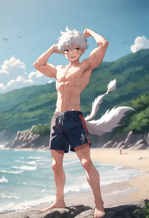 A white-haired boy stood on a rock，, Sharp wolf ears，Stretch out your arms on the beach,Shirtless，Abs，Swimsuit shutter stock,  People find happiness, his arms spread, stock image,  relaxing on the beach, pexels，Muscular，Young age，Wolf ears，laughingly