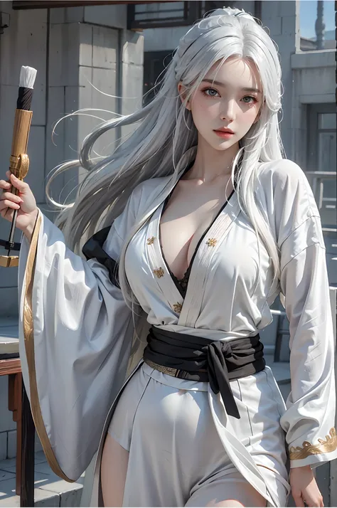 photorealistic, high resolution, 1women, solo, hips up, look at viewer, (detailed face), white hair, long hair, Taoist robe,oversized clothes