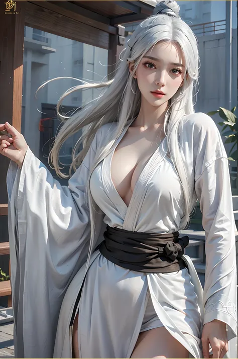 photorealistic, high resolution, 1women, solo, hips up, look at viewer, (detailed face), white hair, long hair, Taoist robe,oversized clothes