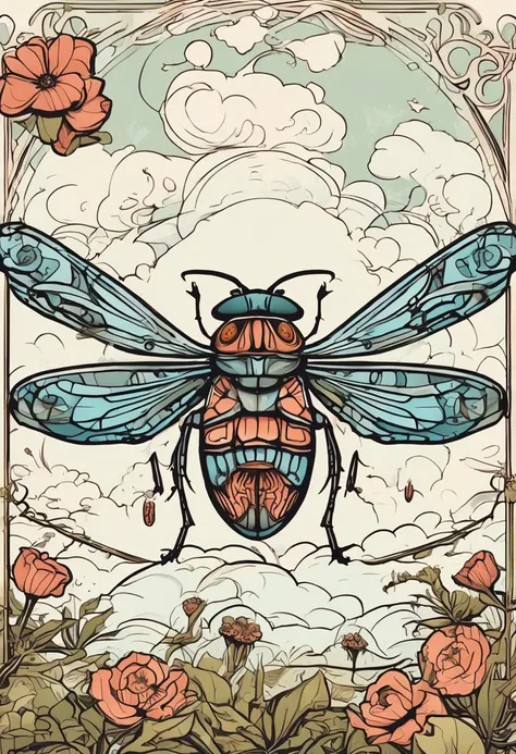 a cartoon flying bug on a flower, in the style of art nouveau-inspired illustrations, detailed skies, chinapunk, illustrative storytelling, solarizing master, quito school, visually poetic