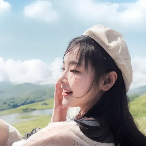 there is a woman that is talking on a cell phone, xintong chen, sitting cutely on a mountain, inspired by ma yuanyu, li zixin, h...