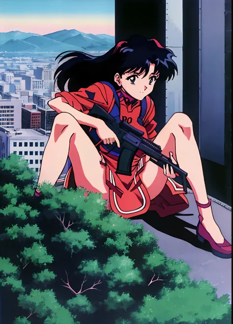 full character, sexy anime girl in al tiny dress with rifle, spreading legs, destroyed city in the background, retro anime style, 80s anime, 1980s, Katsuhiro Otomo, gothcore, neon genesis evangelion, high quality