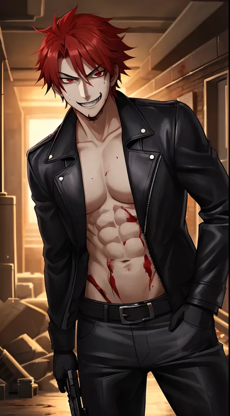 1 boy, sexy, mad, anime, shiny eyes, smirk, evil, bad boy, good quality, good anatomy, leather coat, gun, crazy, red eyes, evil smile, basement, dark illumination, red hair, villain, well drawn blood, pubic hair, blood on cheek