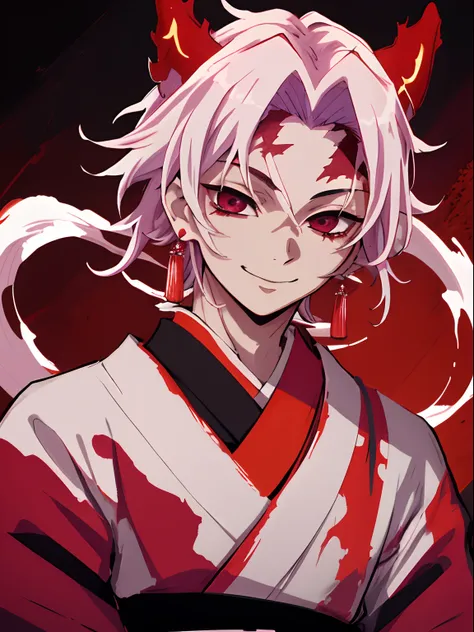 tmasterpiece, beste-Qualit, 独奏, 1boy, Vermilion hair, (scar on face:1.3), dark eyes, dark kimono, upper-body, portraite of a, bloods, ssmile, Devil, earings