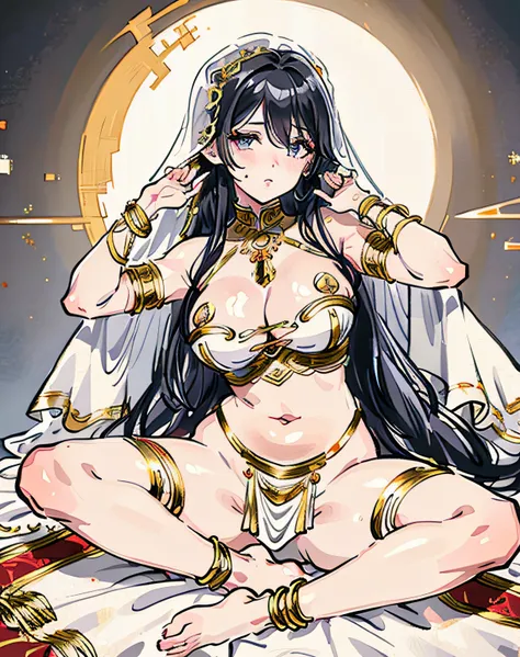 masterpiece, best quality, ultra-detailed, 1girl, solo, looking at viewer, (curvy:1.1), large breasts, grey hair, long hair, hair over one eye, (wavy hair:1.1), light blue, , (breasts apart:1.3), groin, (pasties:1.3), neck ring, armlet, bracelet, (thighlet...