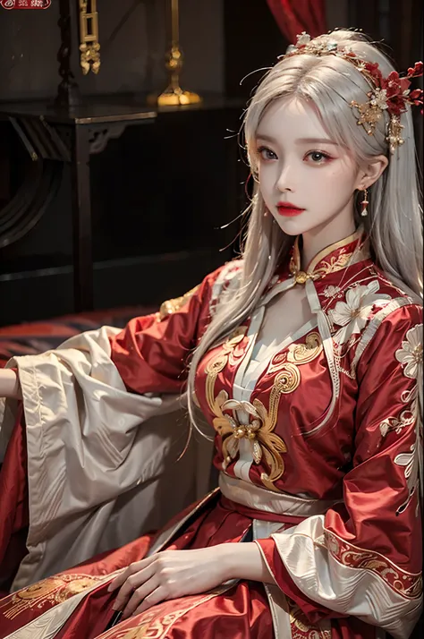 (ultra realistic 8k CG:1.2),perfect artwork,delicate pattern,intricate detail, (unparalleled masterpiece,best quality:1.2),(extremely intricate:1.2),a woman in a red and gold dress, Phoenix crown,hair stick,(sitting on red bed),Cosmetic,blush,shy,black_hai...