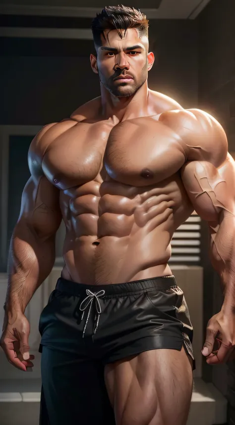 ((Best quality, 8k, Masterpiece :1.3)), dramatic lighting, big muscles man asia , 40 year old , full body, big shoulder muscles , eight pack, big leg muscles, Muscular breasts :1.3, (firm abs, ), dark brown short undercut hair, (short :1.1), ultra-detailed...