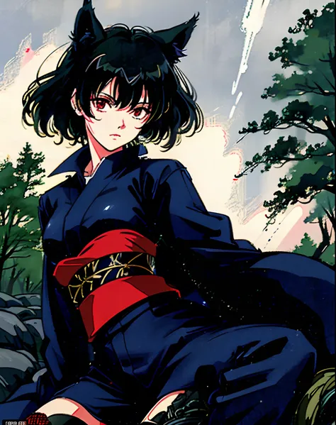 full character, anime sexy cop woman with gun on top of a cyber wolf, rainy day, spread legs, large breast, evil look, scary forest on the background, retro anime style, 80s anime, 1980s, Katsuhiro Otomo, japan, japanese, still shot from tv, luminous highl...