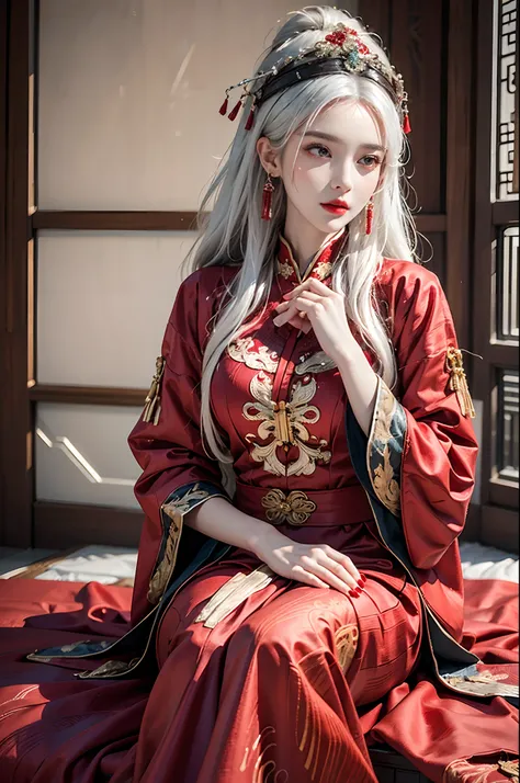 (ultra realistic 8k CG:1.2),perfect artwork,delicate pattern,intricate detail, (unparalleled masterpiece,best quality:1.2),(extremely intricate:1.2),a woman in a red and gold dress, Phoenix crown,hair stick,(sitting on red bed),Cosmetic,blush,shy,black_hai...