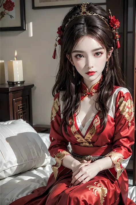 (ultra realistic 8k CG:1.2),perfect artwork,delicate pattern,intricate detail, (unparalleled masterpiece,best quality:1.2),(extremely intricate:1.2),a woman in a red and gold dress, Phoenix crown,hair stick,(sitting on red bed),Cosmetic,blush,shy,black_hai...