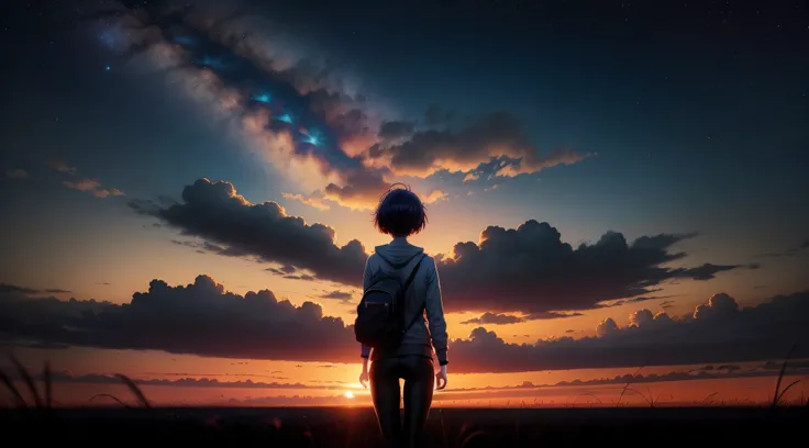 anime,silhouette,1girl, short hair, leggings, facing away from camera, star (sky), cloud, outdoors, night, night sky, sunset, beautiful fields