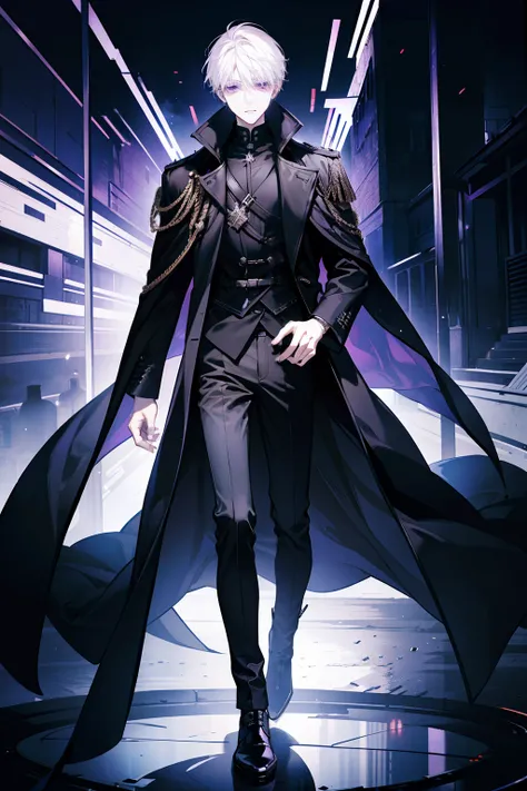 1male people，Adult，long black trenchcoat，（White color hair:1.1），short detailed hair，Full body like，face expressionless，Purple eye，Put your hands in your pockets，magestic，palaces