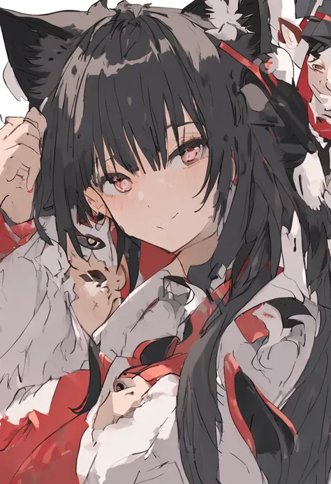 black hair, hair bobbles, wince, longeyelashes, solid circle eyes, fake animal ears, light smile, ear blush, fang, black hair, crown, raised eyebrows, mole under eye, fox ears, evil smile, tongue out, Surrealism, drop shadow, anaglyph, stereogram, tachi-e,...