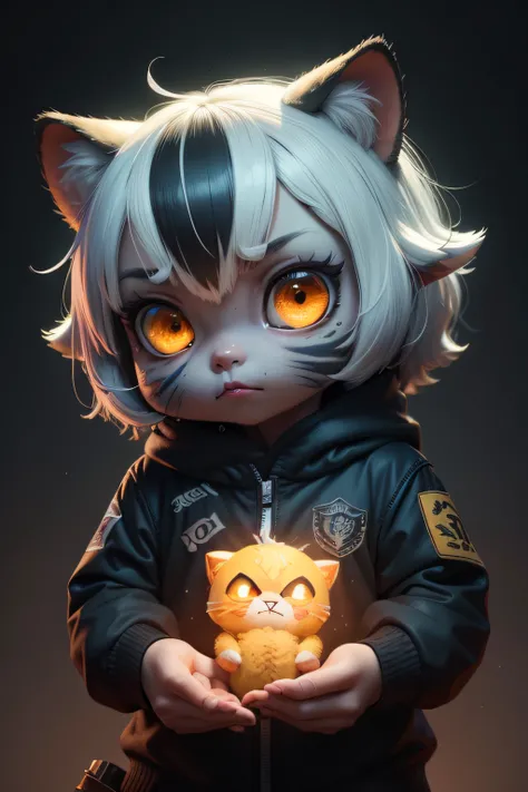 tigre branco zombie hiperrealista pequeno bonito com olhos de cor diferente waring um colar, Chibi, adorable and fluffy, design de logotipo, desenho animado, cinematic lighting effect, charmoso, arte vetorial 3D, bonito e peculiar, Arte de Fantasia, Bokeh,...