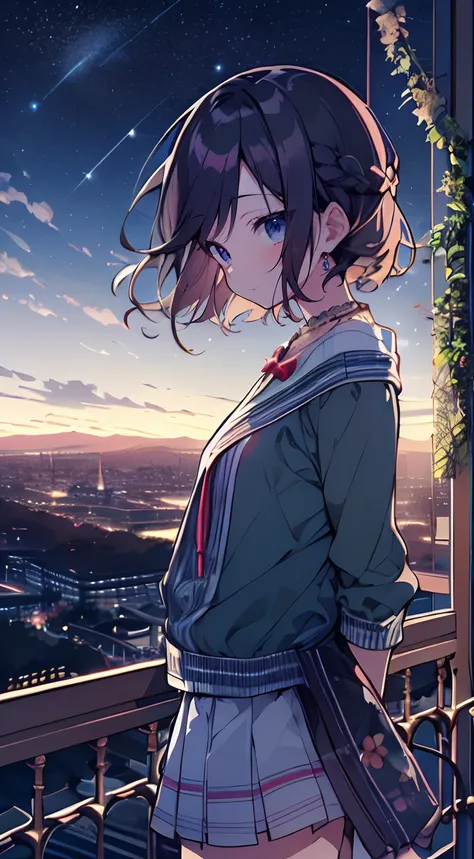 masutepiece, Best Quality,Illustration, Wallpaper, Ultra Detail, absurderes, 1girl in、 (Medium short hair、short braided hair), Beautiful ultra-detailed eyes , Hair fluttering in the wind、Smaller head、Beautiful night sky、(a panoramic view:1.5)