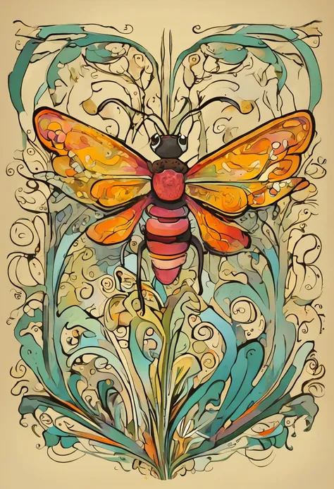 a cartoon flying bug on a flower, in the style of art nouveau-inspired illustrations, detailed skies, chinapunk, illustrative storytelling, solarizing master, quito school, visually poetic