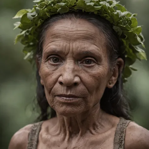 A mystical figure, (((aterrorizante))), ((sombria)), of the Amazon rainforest, lenda, estilo realista, 8k, :: style realista, :: 1.0, (((olhos de fogo))), Old lady, mulher : 2.0