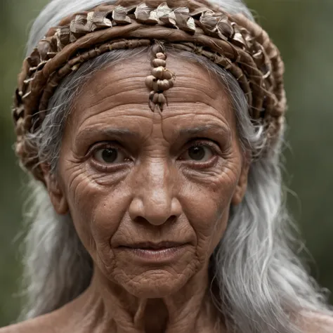 A mystical figure, (((aterrorizante))), ((sombria)), of the Amazon rainforest, lenda, estilo realista, 8k, :: style realista, :: 1.0, (((olhos de fogo))), Old lady, mulher : 2.0