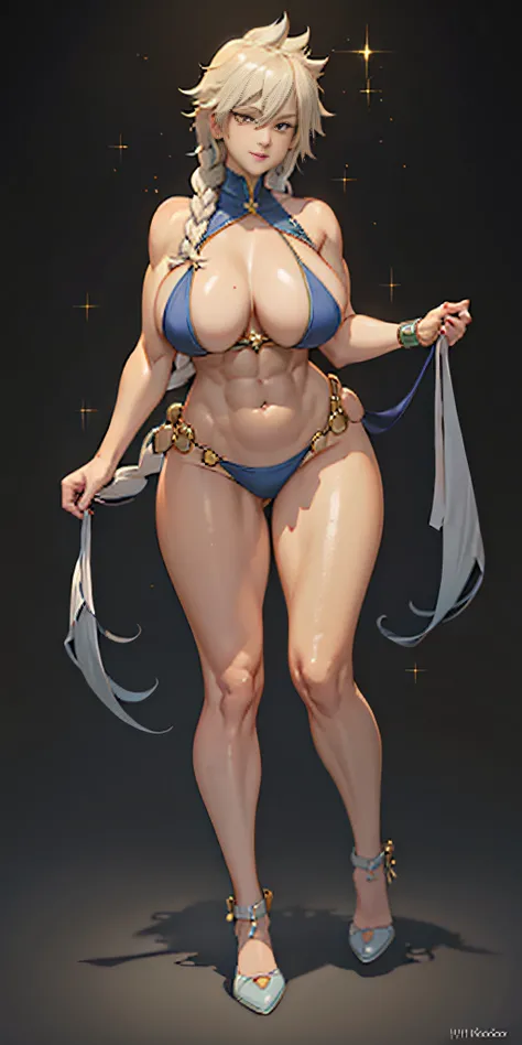 1girl full body standing, nice ass, Hairstyle with a braid, white colored hair, Yellow eyes, perfect lighting, muscular, thights, Mature woman, mummy, bellybutton, Abs, looks at the viewer (tmasterpiece, hiquality: 1.1) ssmile, Extremely huge breasts, Mate...