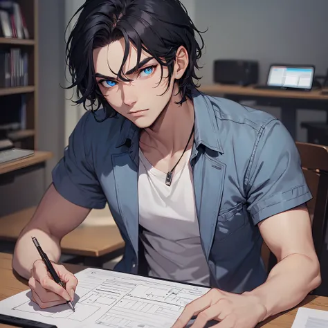 (tmasterpiece, Far plan, amazing quality, A highly detailed, Young guy, black  hair, blue eye, shadows under the eyes, Focused gaze, sitting at a table, keyboard, computer, Dark background, twilight), afternoon, typing on keyboard.