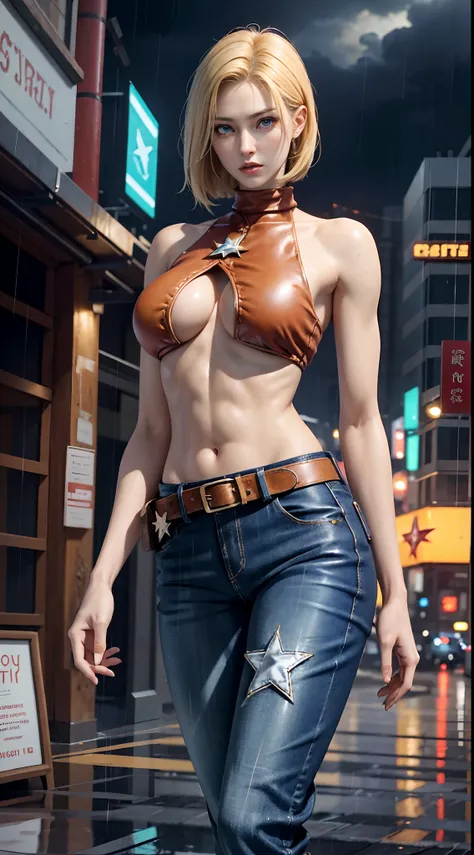 maryms, Best Quality,(beauty), 1girl,phisically-based render ,ultra highres,(cowboy shot:1.5),narrow waist, skinny, LeonaMS ,huge boobs,muscular, big blue eyes,long legs,jeans,leather belt,small breasts,puffy eyes, leather belt,(rainy city), shiny skin, fa...