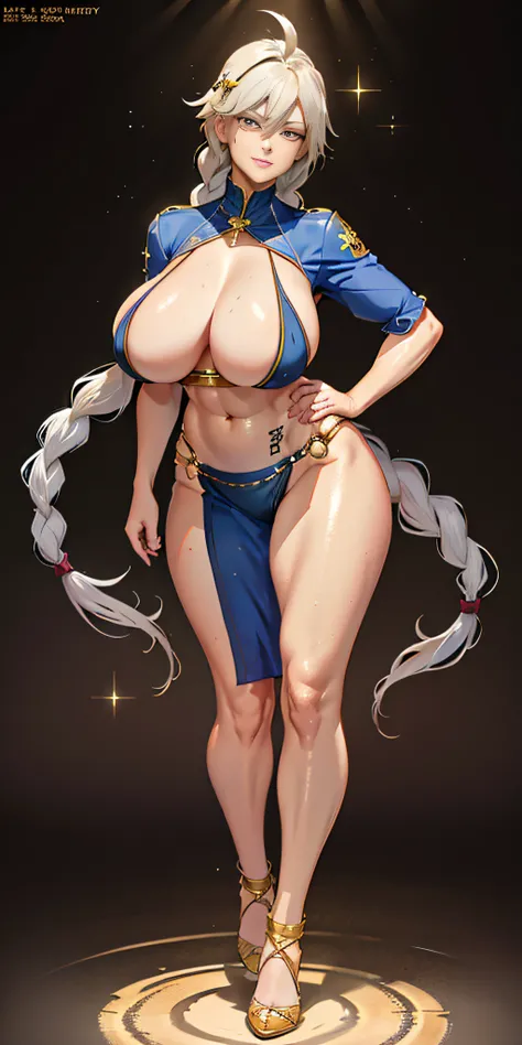 1girl full body standing, nice ass, Hairstyle with a braid, white colored hair, Yellow eyes, perfect lighting, muscular, thights, Mature woman, mummy, bellybutton, Abs, looks at the viewer (tmasterpiece, hiquality: 1.1) ssmile, Extremely huge breasts, Mate...