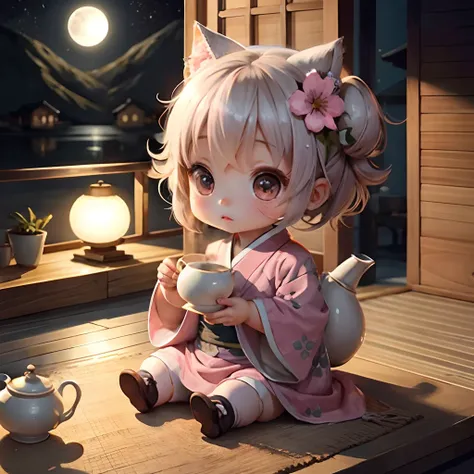 Cute baby chibi anime, grey and pink kimono, sit in the teapot, drink tea, moon background