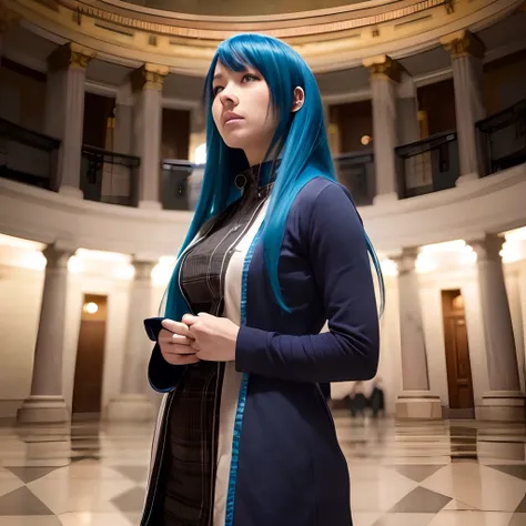 Low angle shot of blue-haired woman standing in the center of the Capitol, When she talks about her heritage、Her voice rings with pride and strength.