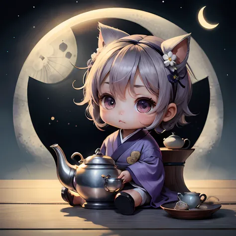 Cute baby chibi anime, grey and purple kimono, sit in the teapot, drink tea, moon background