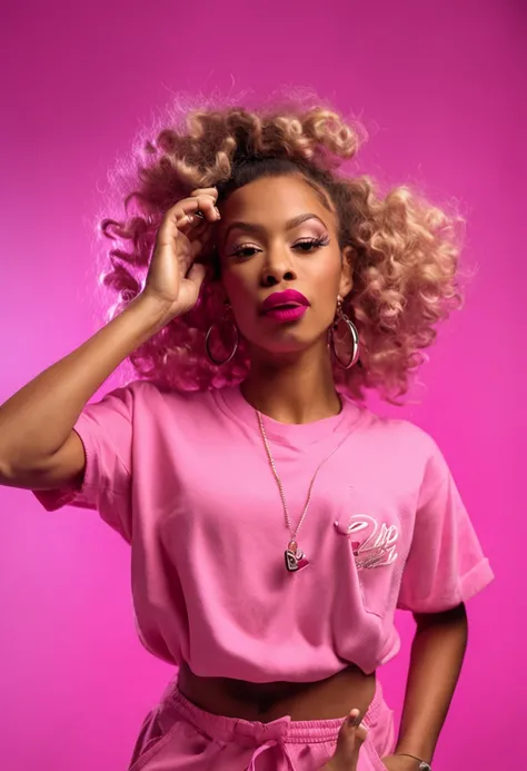 Barbie, ((corpo inteiro)), olhos azuis, rosto sorridente, cabelos soltos movidos pelo vento, Pose de cantor de hip hop, vestido em estilo hip hop, com camiseta rosa, ((Modern microphone hands)), wears a pink bow on her arm, moda, extremely high quality, De...